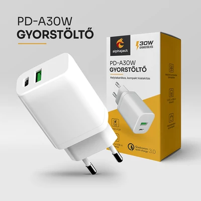 Alphajack PD-A30W hálózati gyorstöltő adapter, 1x USB-C (PD), 1x USB-A 30W