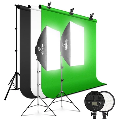 Jackal AS-48B LED softbox szett, 1,6x5m tekercses hátterekkel (zöld, fehér, fekete), 2x2m háttértartó állvánnyal